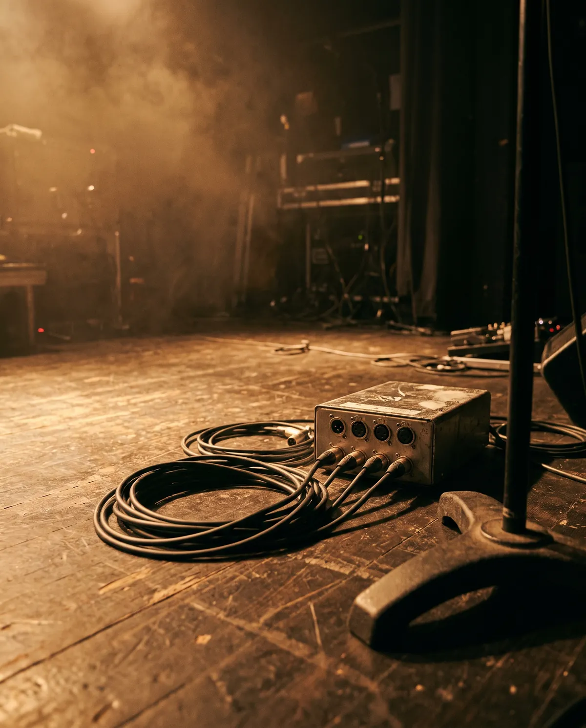 Mikrofonkabel und Stagebox auf dem Bühnenboden
