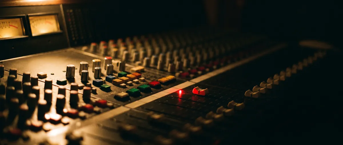 Mischpult im Tonstudio, warm beleuchtet